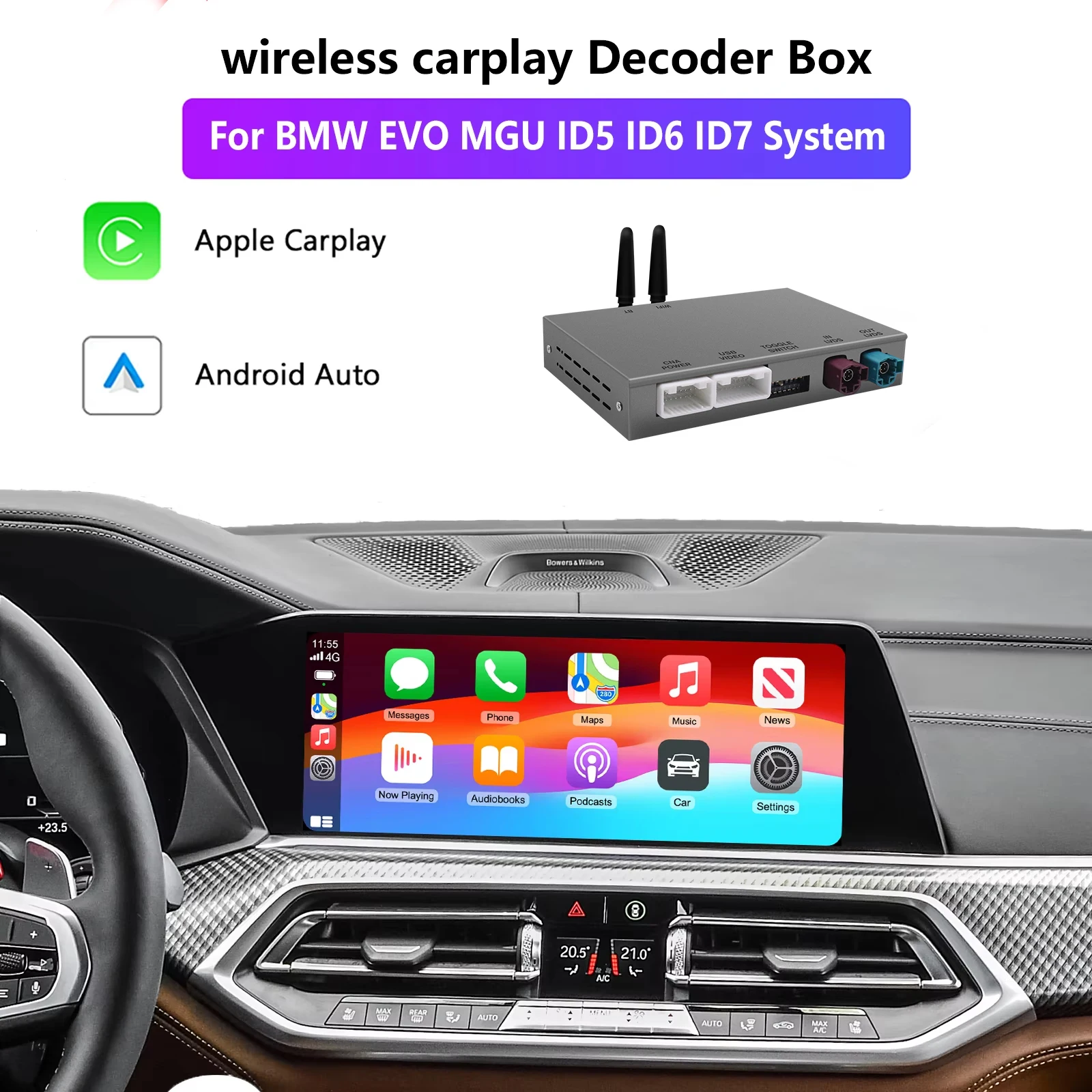 AUTOABC Wireless CarPlay Android Auto Retrofit Kit Decoder Box for BMW EVO MGU ID5 6 7 System 1 3 5 6 7Seires X1 X2 X3 X4