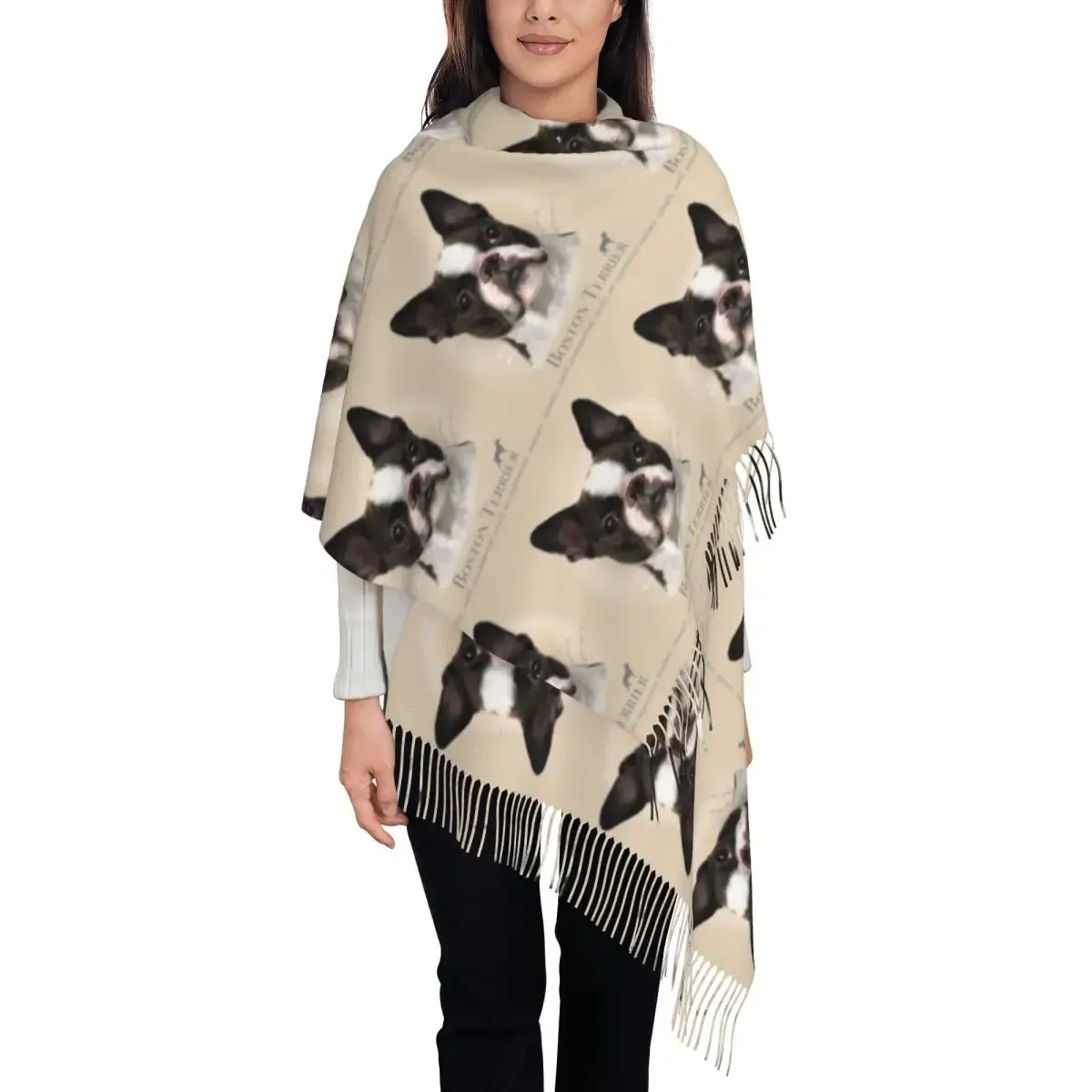 Custom Boston Terrier Tassel Scarf Women Soft Pet Animal Dog Shawls Wraps Female Winter Fall Scarves
