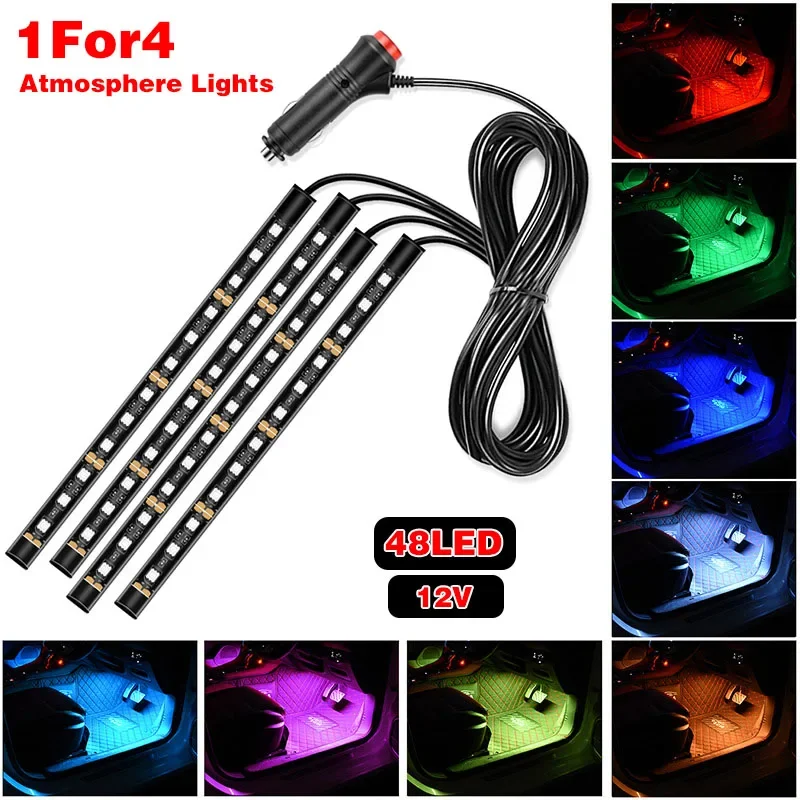 Multicolor Car 48 LED 4 In1 Interior Atmosphere Lights Dash Floor Foot Strip Lights Adapter Decorative Lamp For 12-24V