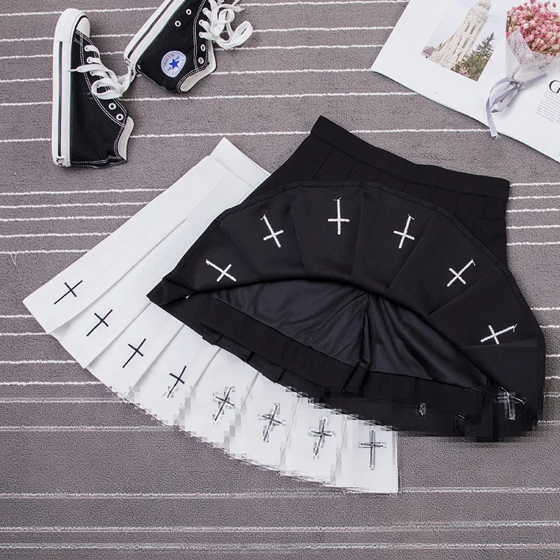 2020 Women Harajuku Sweet Fresh Feeling High Waist Pleated Skirt Elastic Waist Cross Embroidery Skirt black skirt Pleated Skirt