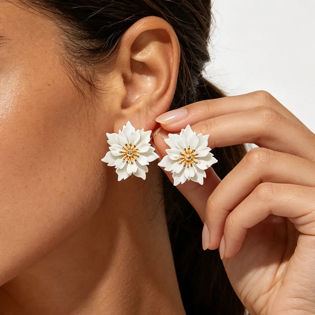 Summer fashion multi-color three-dimensional flower women's earrings gold stamens niche pastoral flower earrings