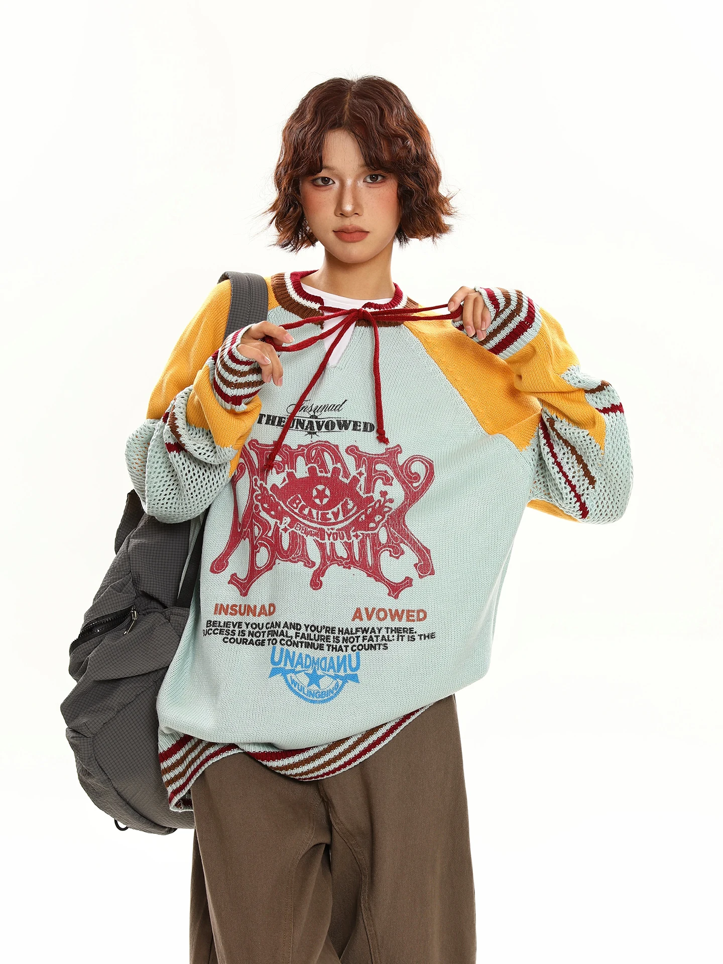 

Chen Zhanlao Store Американский ретро цветной свитер Blo Женский осенний свободный повседневный вязаный свитер irt V Ne Long Sve Regular Fit