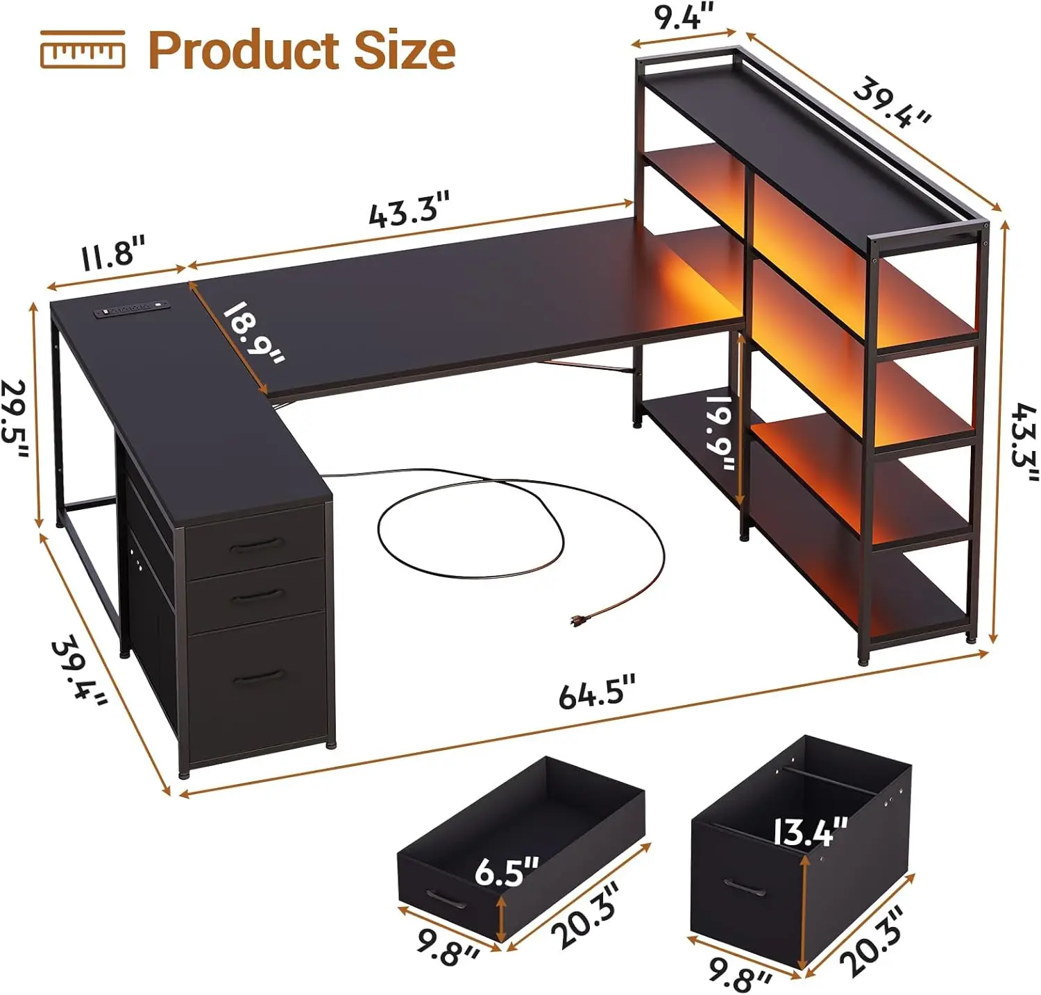 L Shaped Gaming Desk, Reversible U Shaped Computer Desk with Power Outlet and Storage Shelves, Corner Gaming Desk with LE