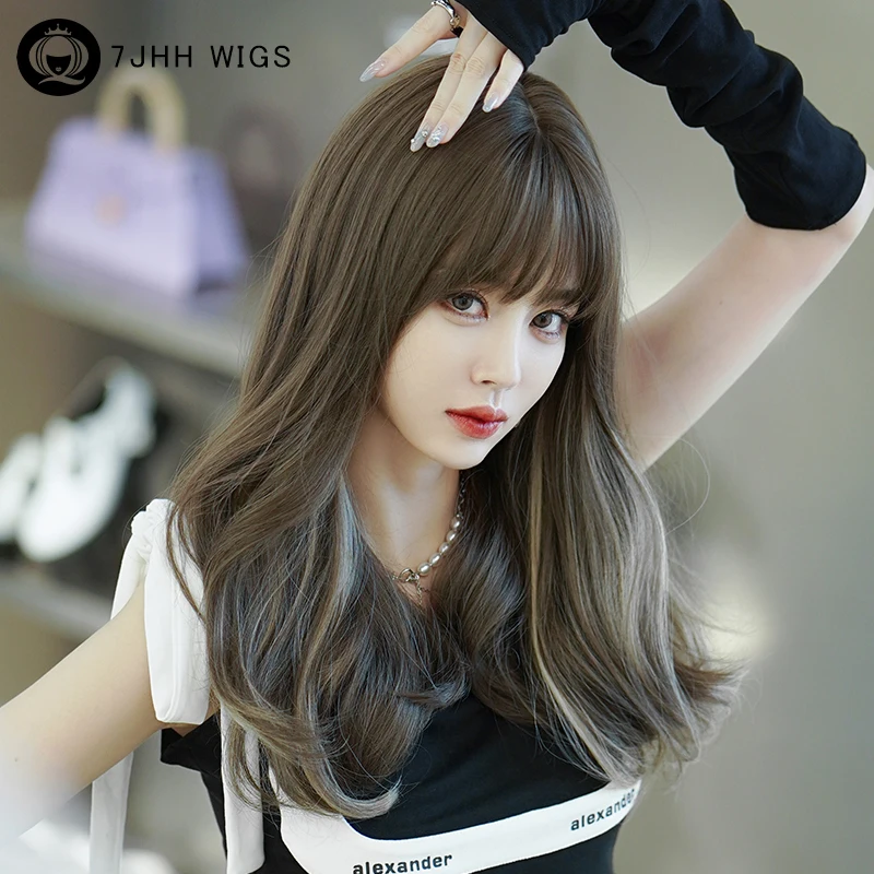 7JHH WIGS Glueless Wig Synthetic Body Wavy Cool Brown Wig for Women High Density Loose Highlight Blonde Wigs with Fluffy Bangs