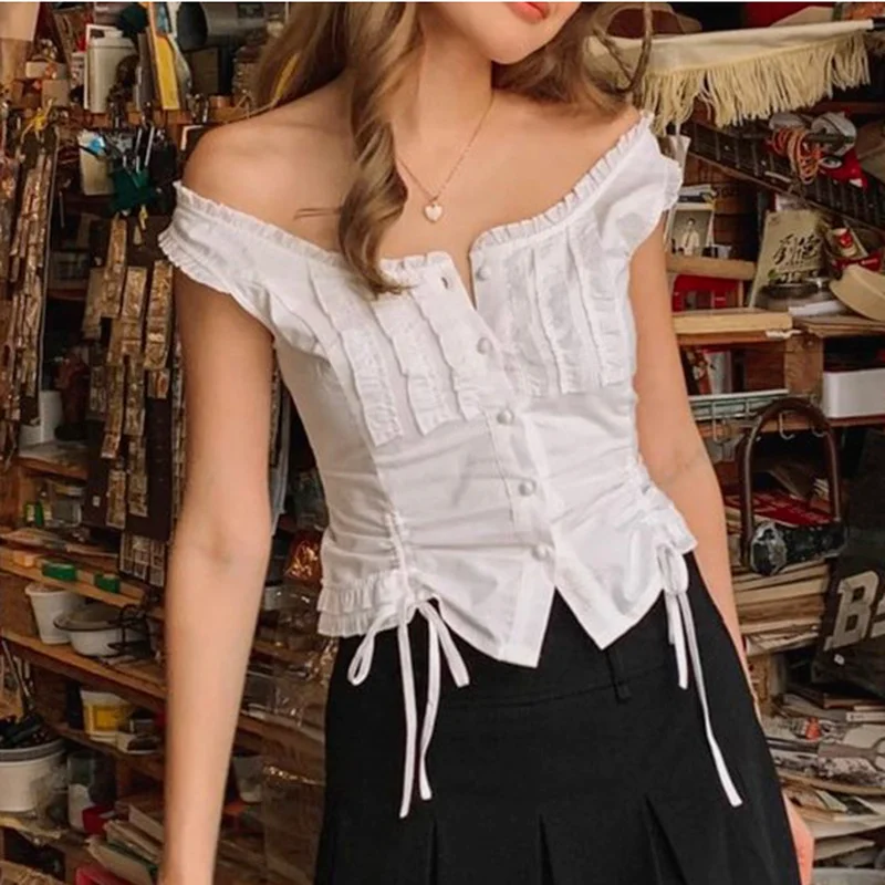 Pure White Sleeveless 2023 New Summer Vest-style Lace-up Round Neck Lace Drawstring Y2k Top with A T-shirt Inside and A Bottom