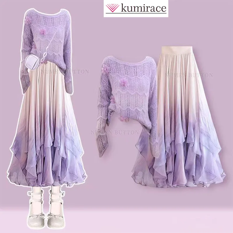 مجموعة الخريف من سترة المرأة اللطيفة والأنيقة المحبوكة الناعمة واللزجة المقترنة مع التعادل صبغ التخسيس نصف تنورة قطعتين مجموعة #1