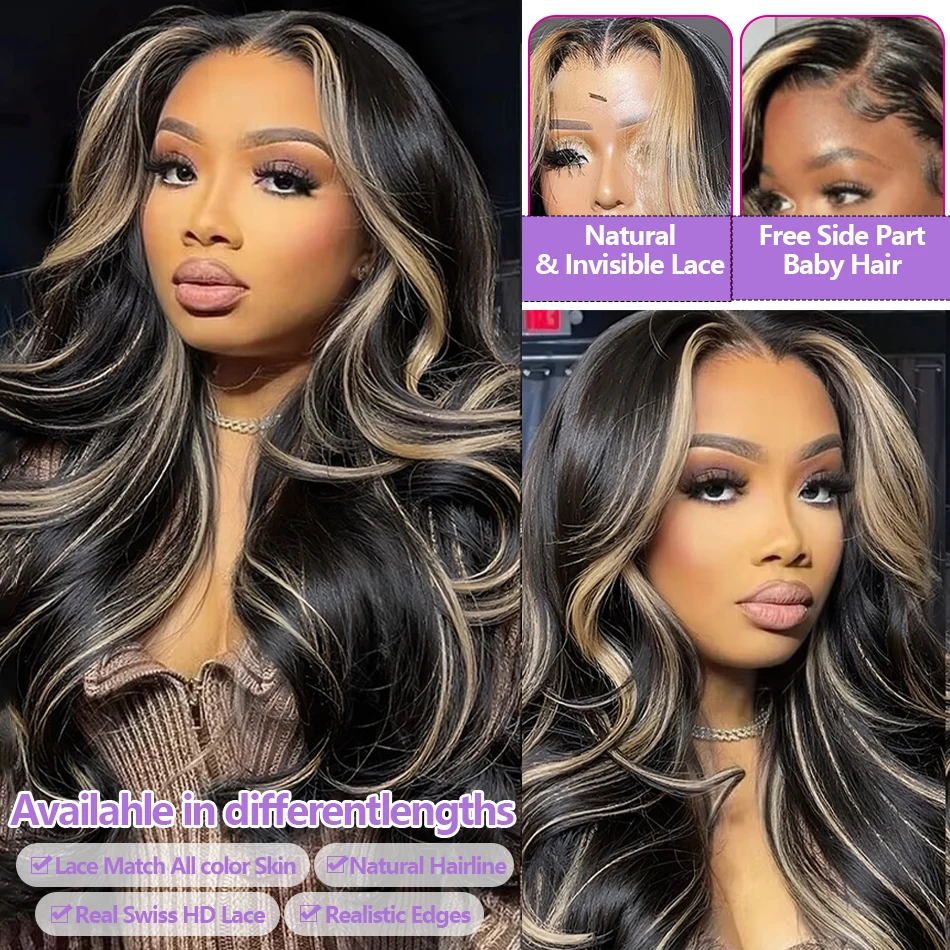 1B/27 Balayage Highlight Body Wave Wig Human Hair 30 Inch 13x4 HD Lace Frontal Wig Ombre Blonde Highlight Brazilian Hair  Wigs image 2