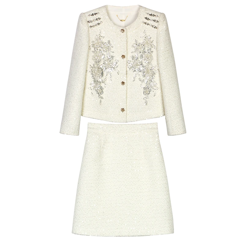 

New fashionable and elegant light luxury socialite heavy industry nailed beaded temperament small fragrance jacket + skirt suit