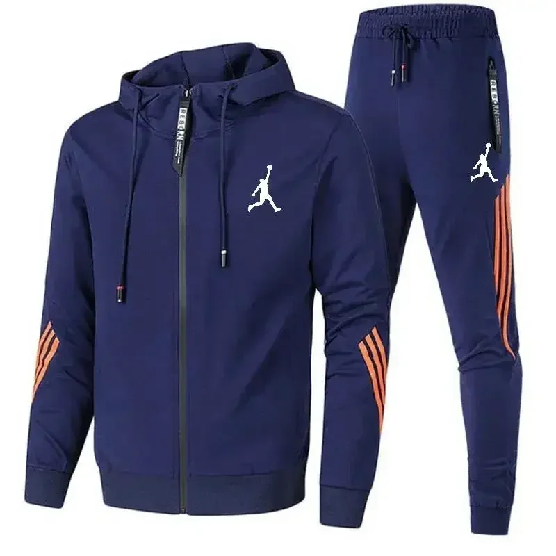 Spring and Autumn 2025 New Men's casual sportswear set, fashionable outdoor zippered hooded jacket + trousers two-piece set