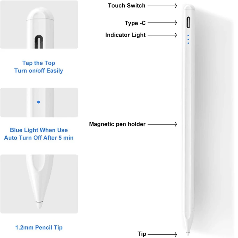 Magnetic Stylus Pen for iPad 2018 and Newer, Palm Rejection Tilt Touch Control Tablet Drawing Pencil with Replacement Nibs