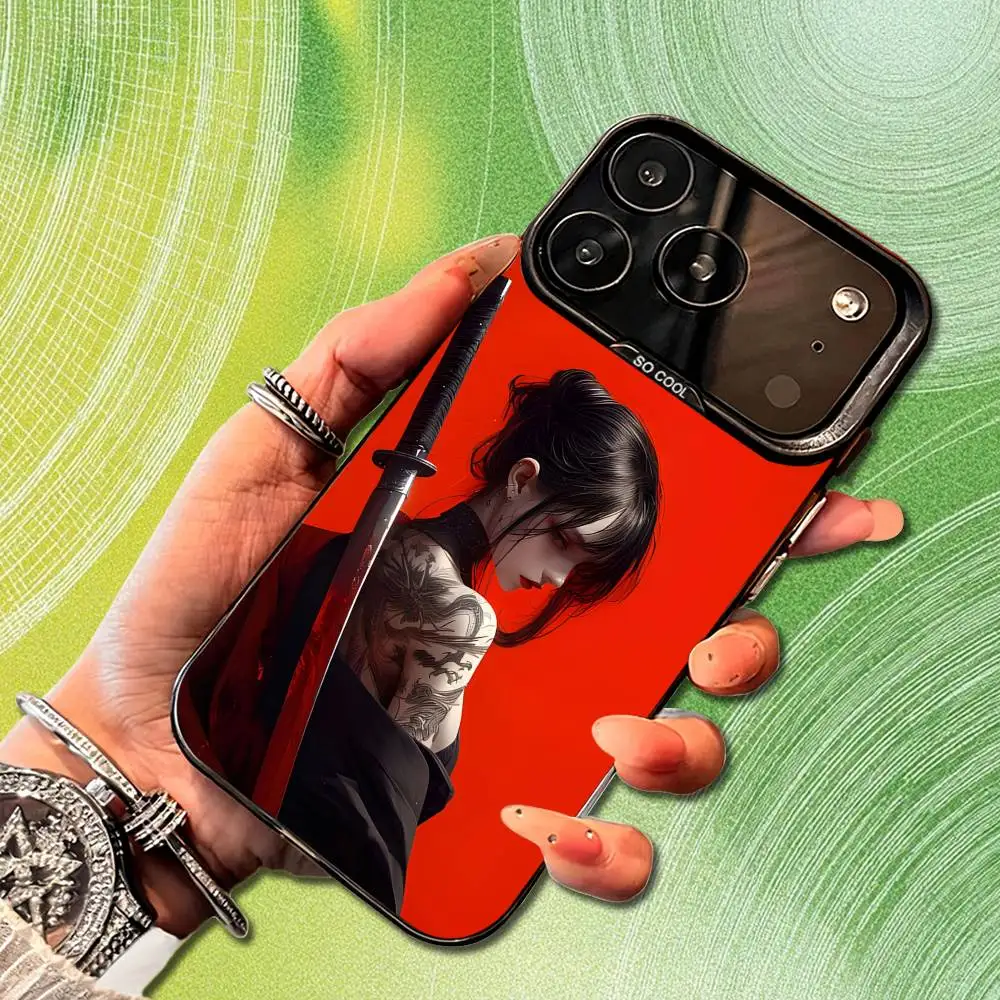 Art Warrior Woman Japanese Phone Case For iPhone 14,17,13,12,11,16,15,Mini,Pro,SE,XS,MAX,Black Matte Silicone Cover