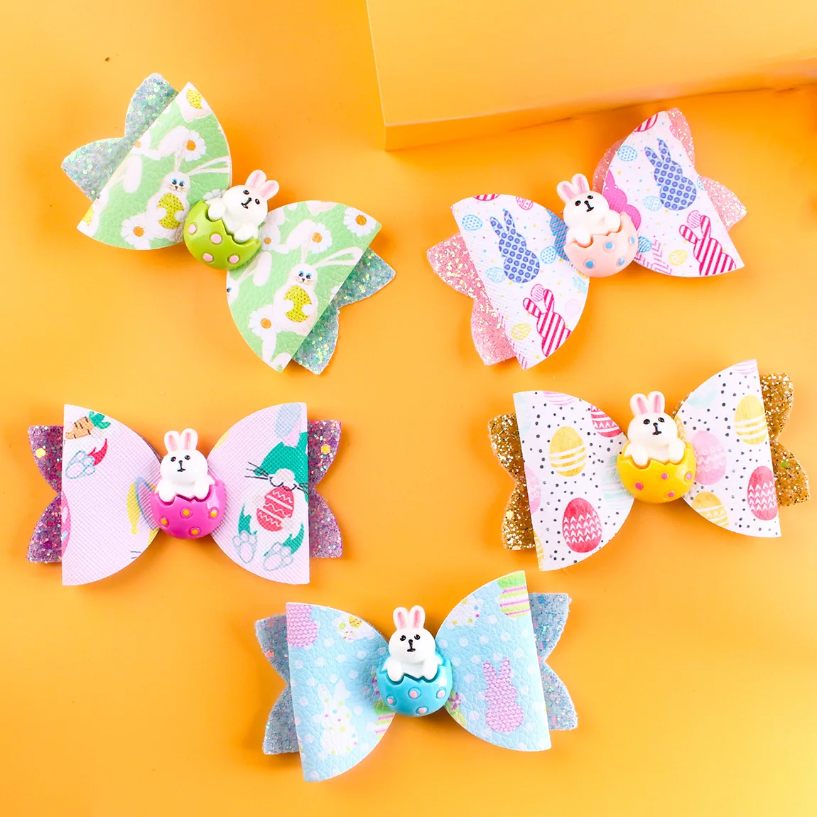 

20pcs Glitter Rabbit Bowknot Hair Clips Bunny Print Bow Barrettes Fashion Easter Headwear Boutique Hair Accessories for Girls