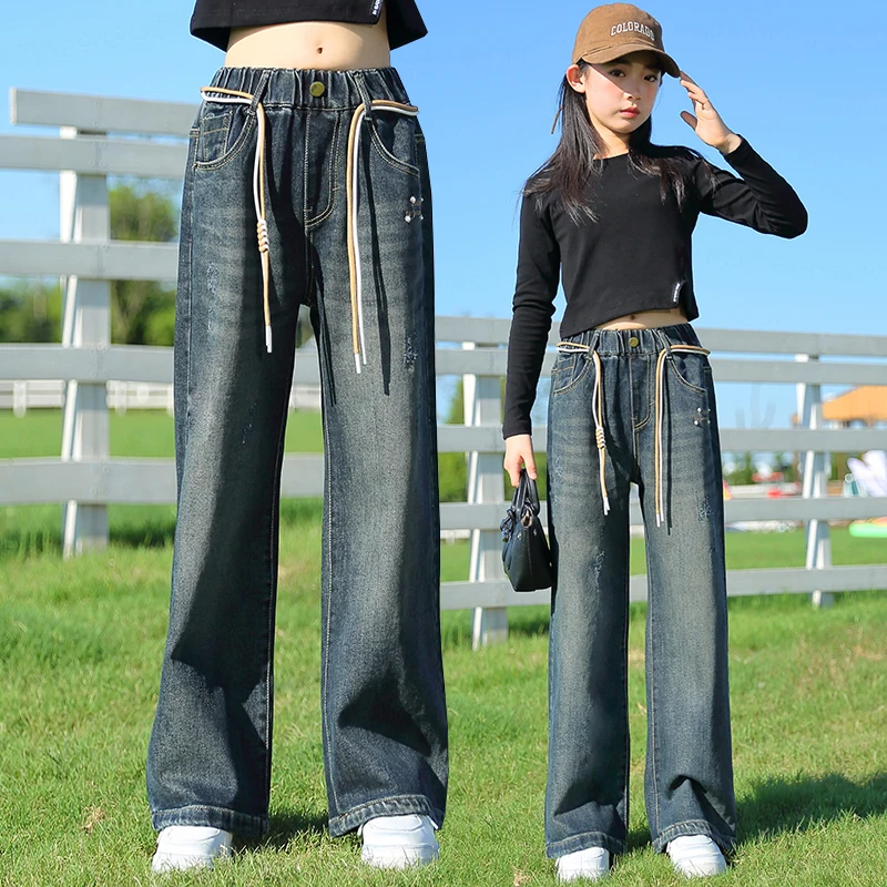

New Autumn Children Regular Fit Straight Jeans with Drawstring for Teenage Girls Classic Design Denim Pants For Kids Teenagers