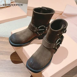 Do Old Genuine Leather Mid Calf Boots Women Round Toe Thick Bottom Chunky Heel Slip on Gladiator Booties Retro Cowboy Boot Women