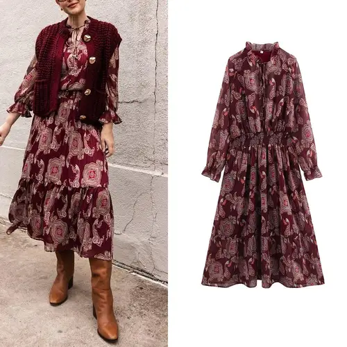 KONDALA Vintage rojo flor estampado gasa vestido largo manga larga cuello redondo volantes vestido suelto moda 2025 primavera otoño vestido bohemio