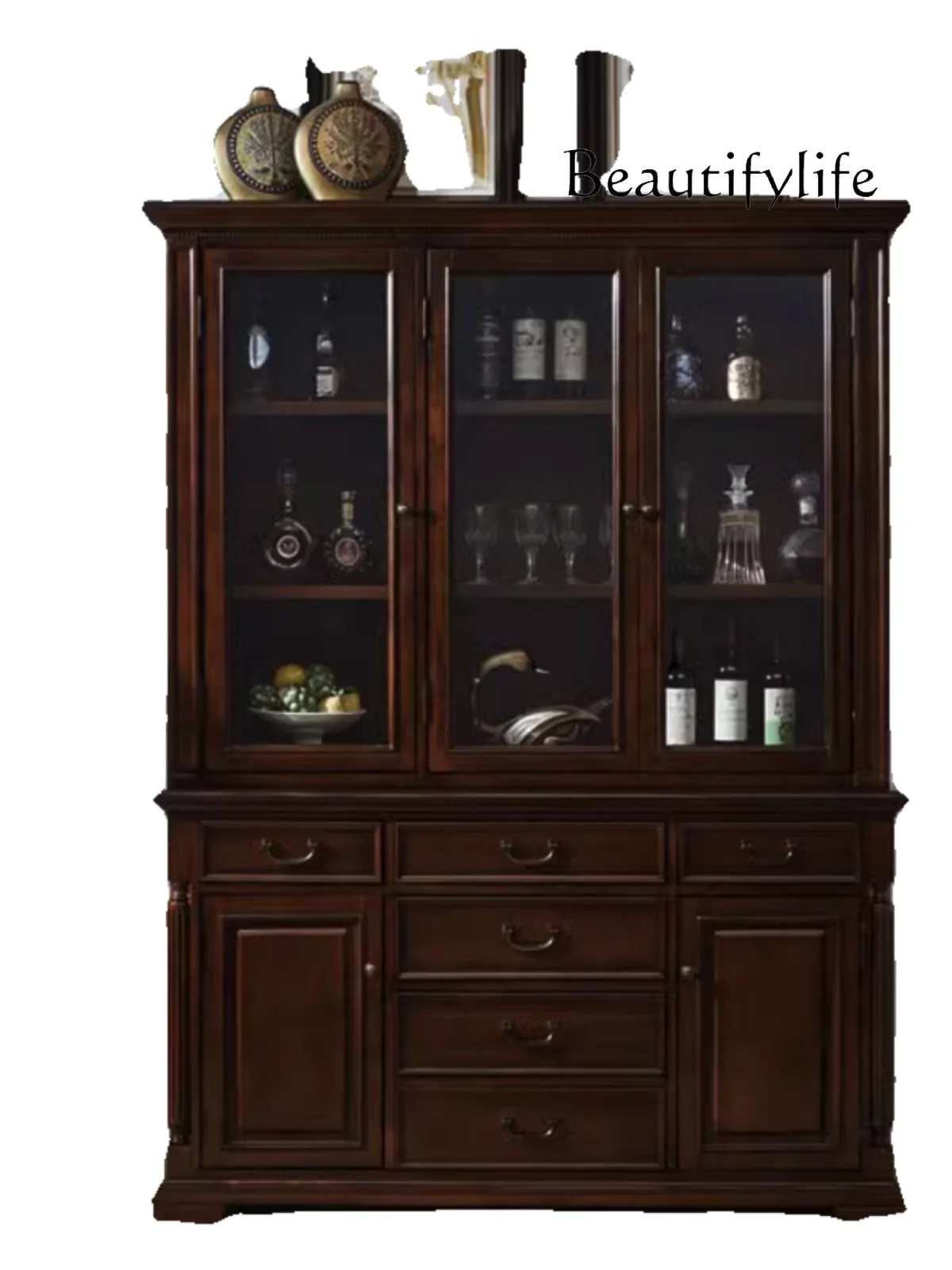 

American Style Full Solid Wood Wine Cabinet Home Living Room Storage Display Retro Vintage Ornament Side Cabinet