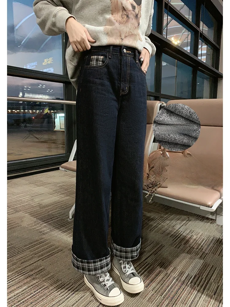 

Meiyang iffin Fce на подкладке, теплые клетчатые прямые джинсы с высокой талией, широкие брюки, зимние повседневные джинсовые джинсы с высокой талией