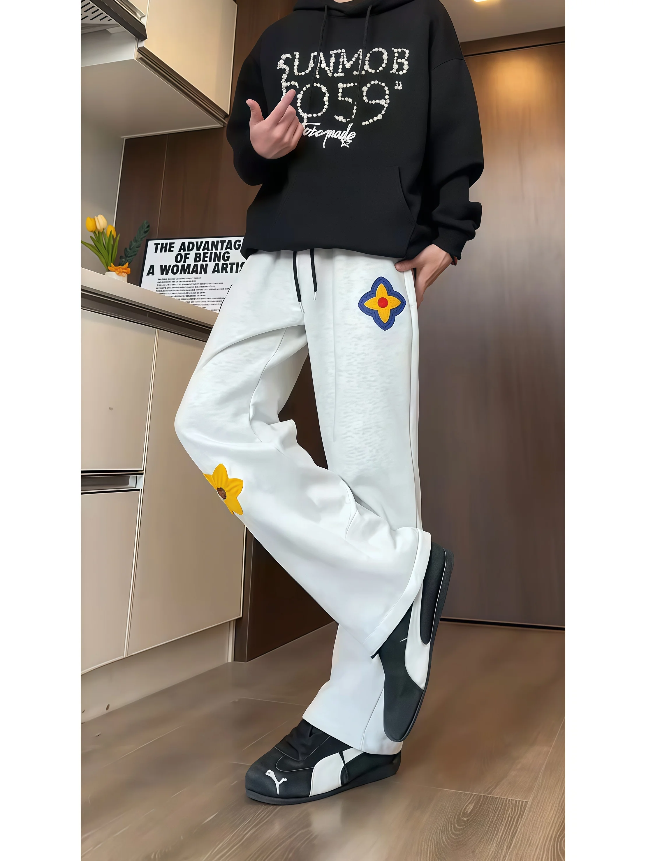 

Мужские утепленные зимние повседневные брюки с вышивкой, прямого кроя, на флисовой подкладке, из мягкого хлопка, спортивные штаны