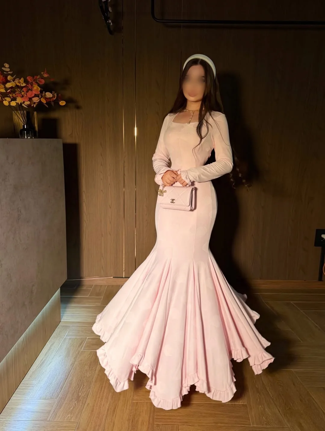 Customized Pink Square Neck Flare Long Sleeve Ruffle Modest Party Mermaid Evening Gown Floor Length Formal Occasion Prom Dresses