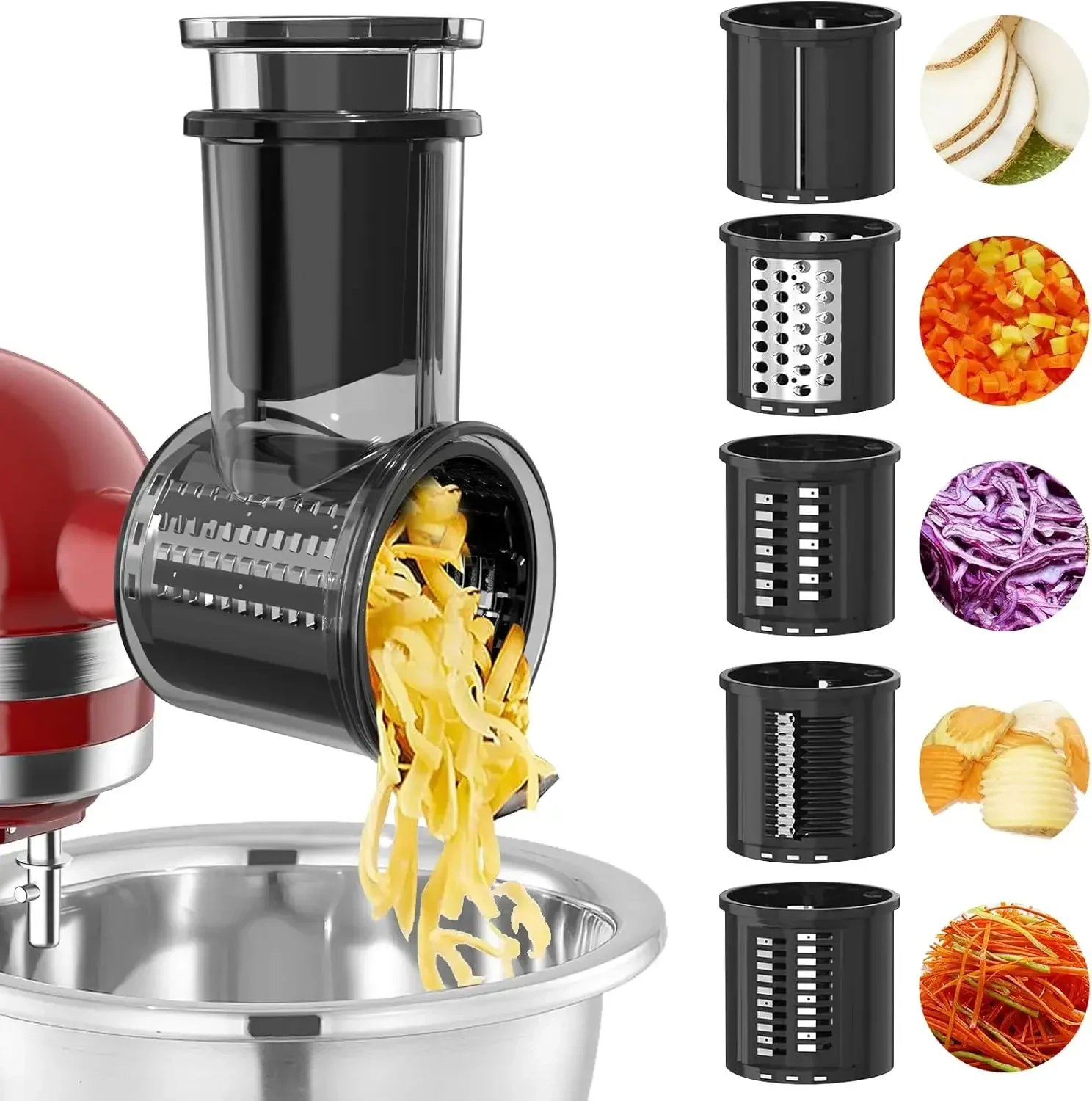 Slicer Shredder Attachment for KitchenAid Stand Mixer with 5 Blades, Large Feed Chute Cheese Grater Attachment