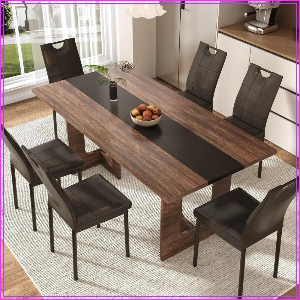 7 Piece Dining Table & Chairs Set for 4-8 People, 71 Inch Kitchen Table with 6 Chairs, Brown