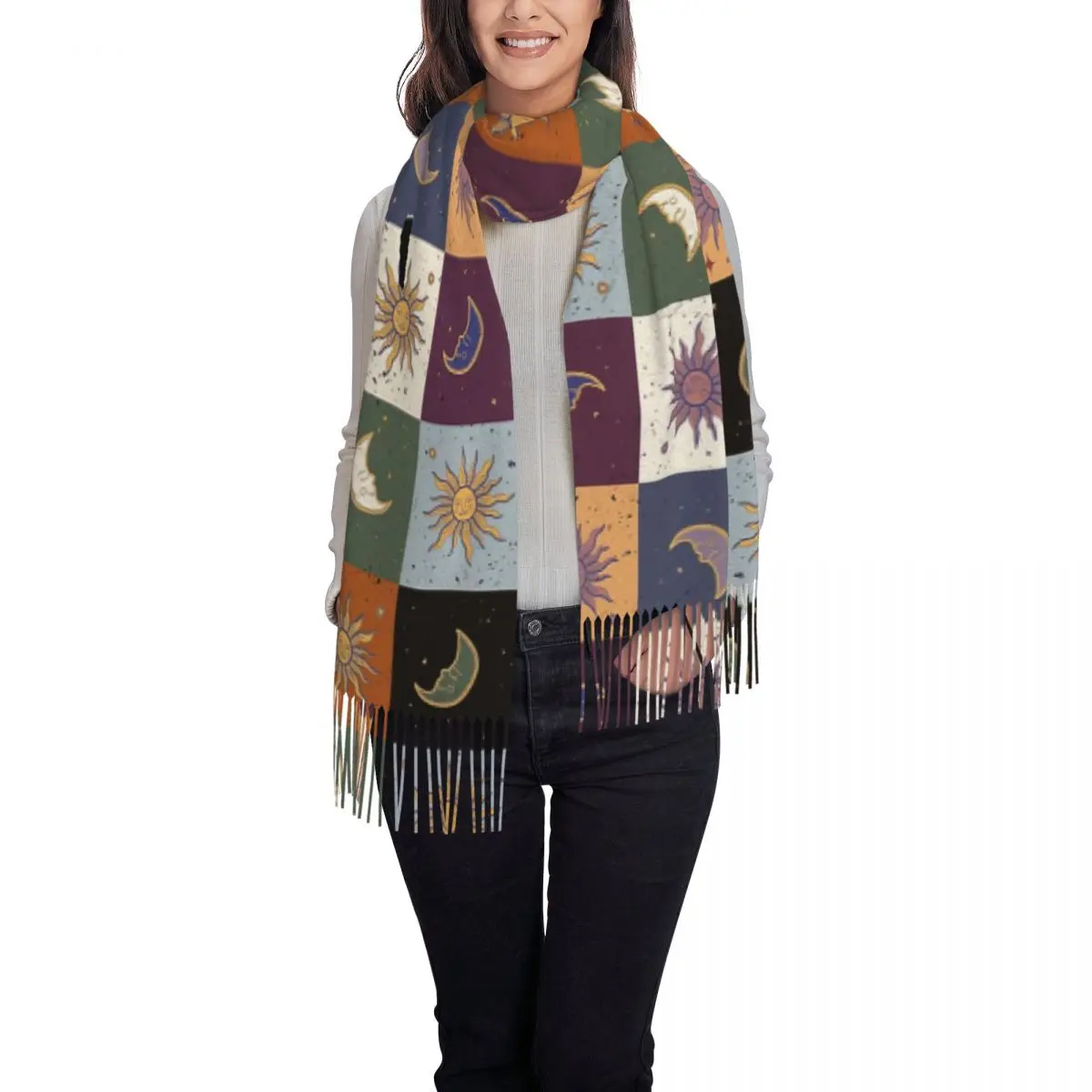 العصرية الشمس القمر بوهو كوزموس علم التنجيم وشاح شرابة الأوشحة النساء لينة الدافئة شالات ويلتف طويل الخريف الشتاء شال التفاف