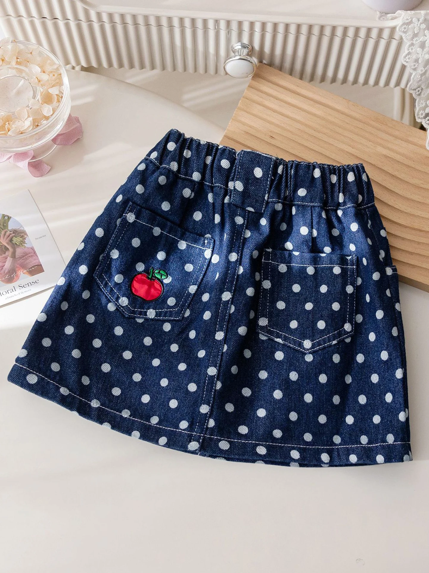 Summer Girls' Dot Denim Short Skirt Korean Kids Fashion Pocket Apple Embroidery Half Skirts High Waist Slim A-line Skirts