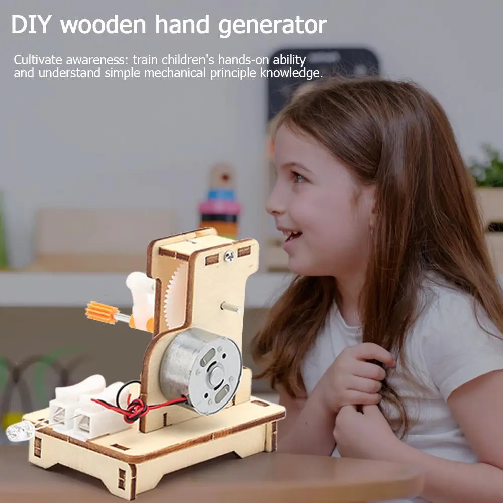 Kids DIY Wooden Hand Cranked Generator Toy Science Experiment Model Building Kit