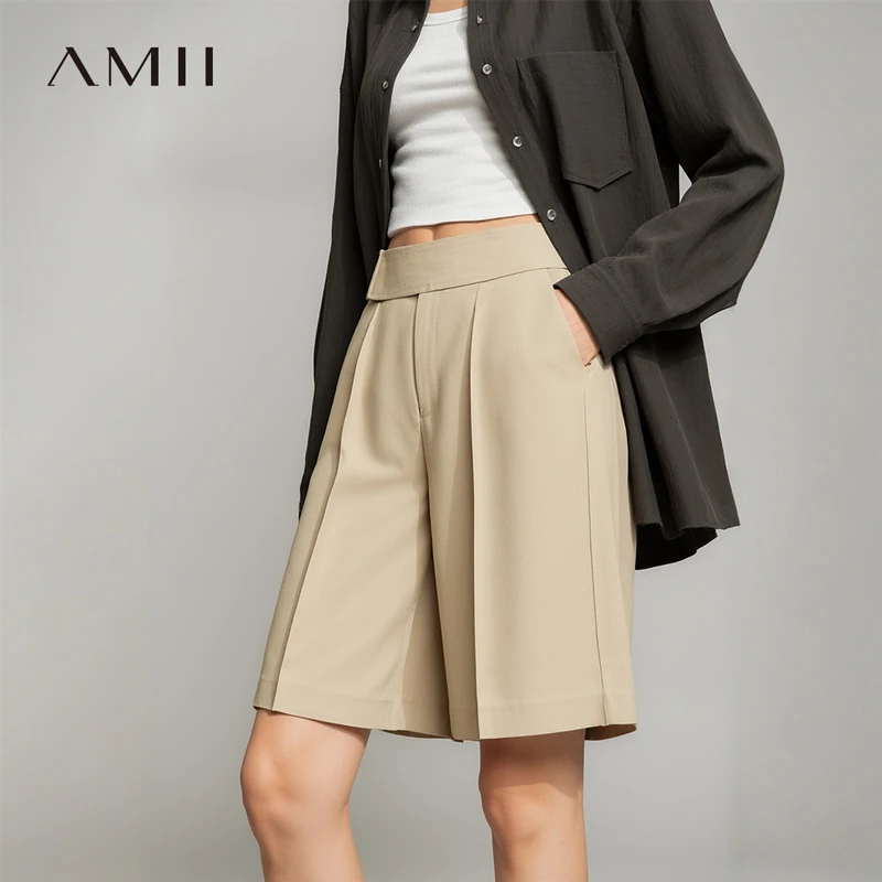 Amii Women's Shorts 2026 Summer New Solid Color Mid-Length Wide-leg Pants Pleated Casual Versatile Office Woman Clothes 12622030