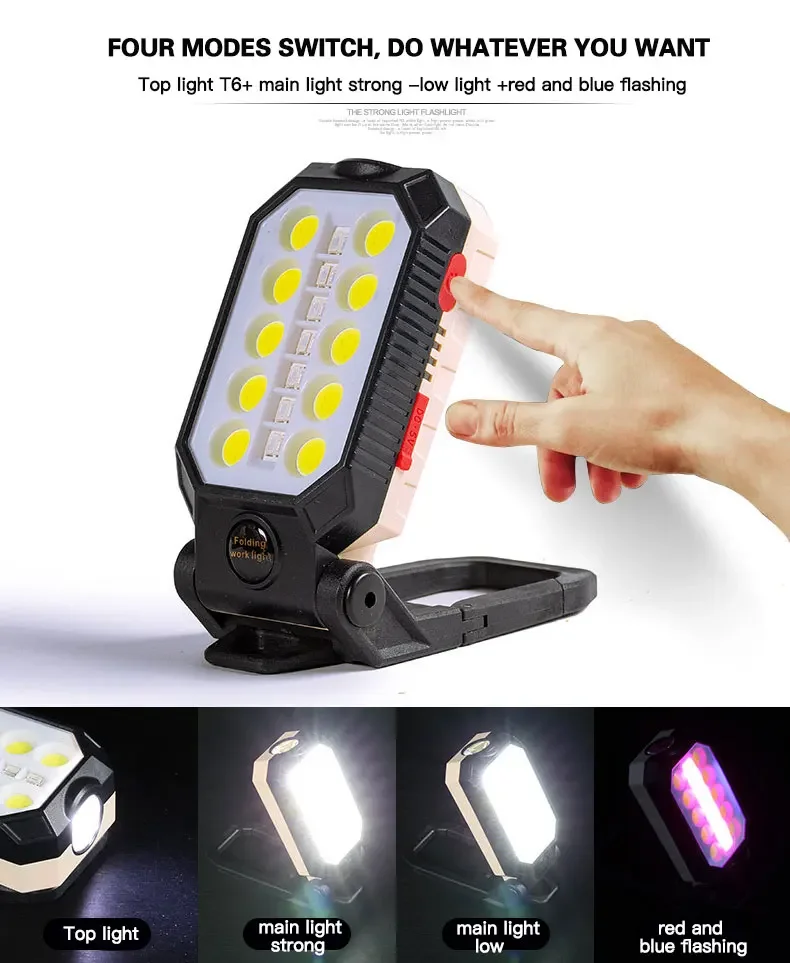 Luz de trabajo magnética potente recargable por USB, linterna LED COB portátil plegable, resistente al agua, Camping con pantalla de alimentación