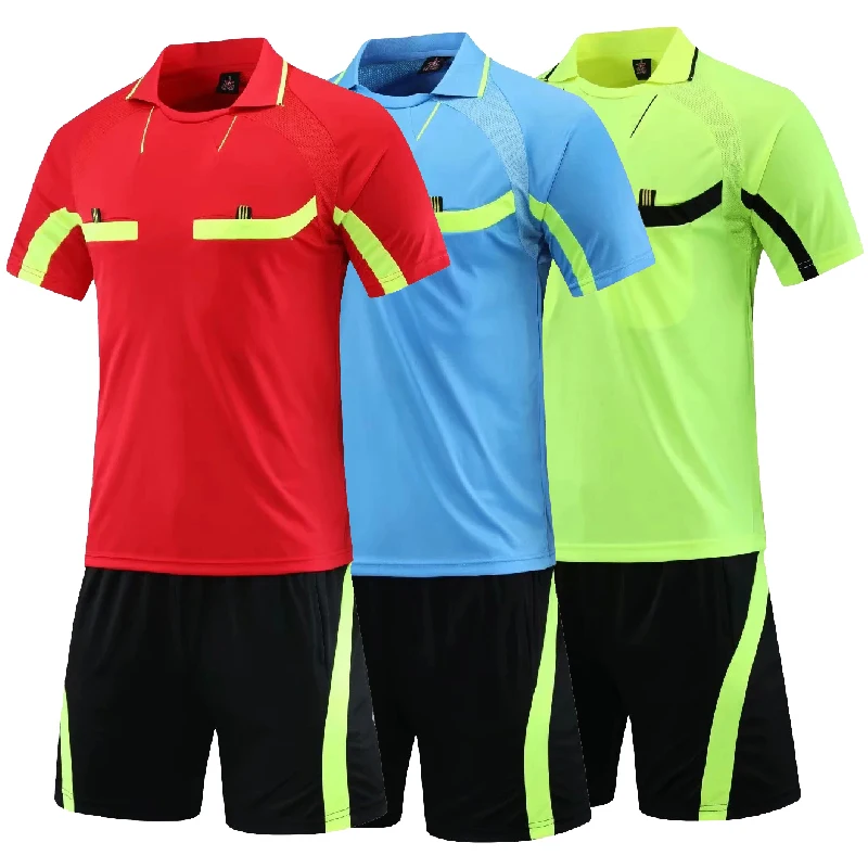 

2023 New Soccer Referee Uniform Men Turn-down Collar Football Referee Clothes Short Sleeve Judge Shirt Shorts Suit Three Pockets