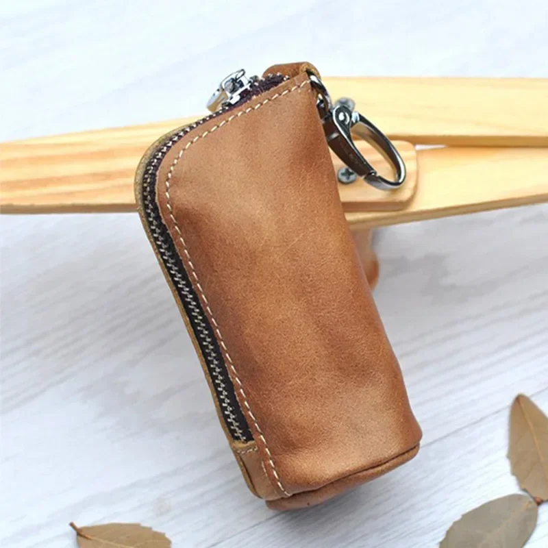 Men Key Bag Genuine Cow Leather Buckets Keys Cases Pouch Zipper Keychain Auto Car Key Case Bag Women Home Key Holder