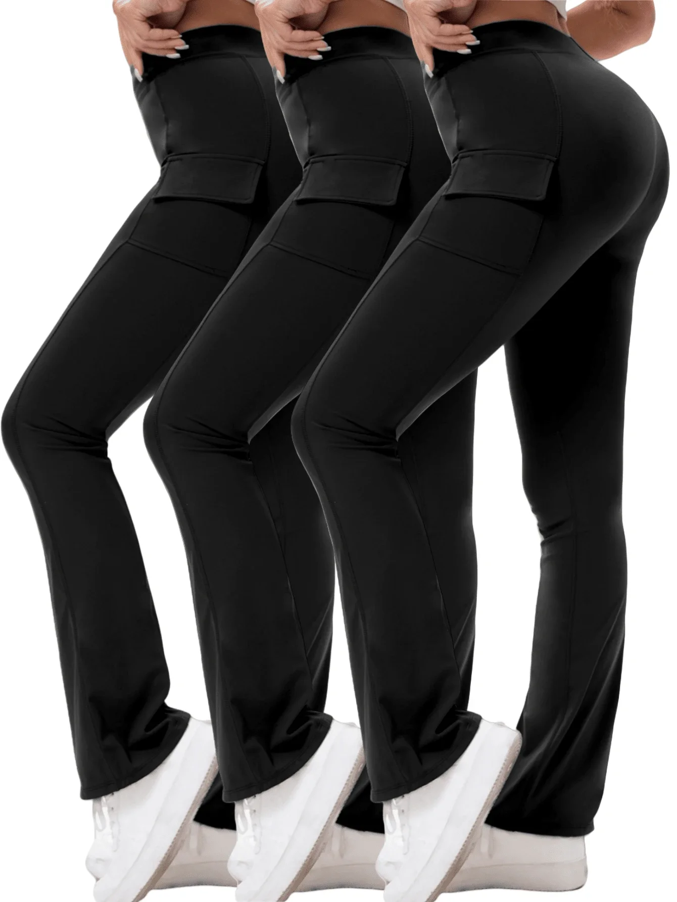 

3 Pack Women's High-Waisted Tummy Control Yoga Flare Leg Pants With Pockets - Ultra-Soft Stretchy Polyamide/Elastane Blend,
