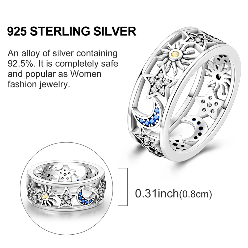 Women's 925 Silver Sun Moon Stars Ring, Sparkling Design