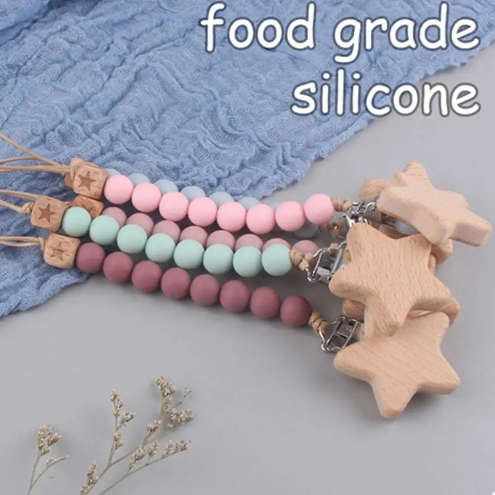 

Nipple Holder Leash Food Grade Silicone Beads Star Beech Wood Baby Pacifier Chain Lanyard Molar Chain Pacifier Clips Chains