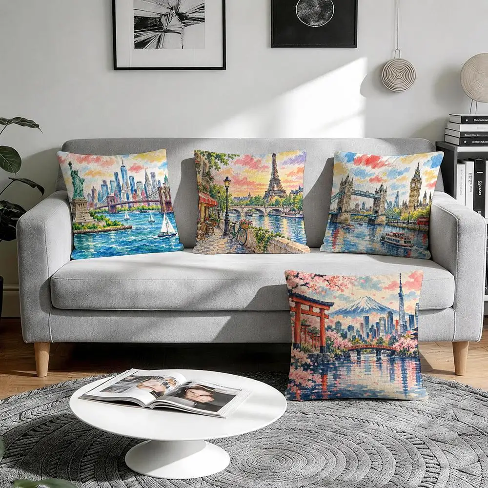 Vintage World Landmarks Art Cushion Cover 1/4Pcs Linen Throw Pillow Covers Double-Side Print Sofa Couch Living Room Decor