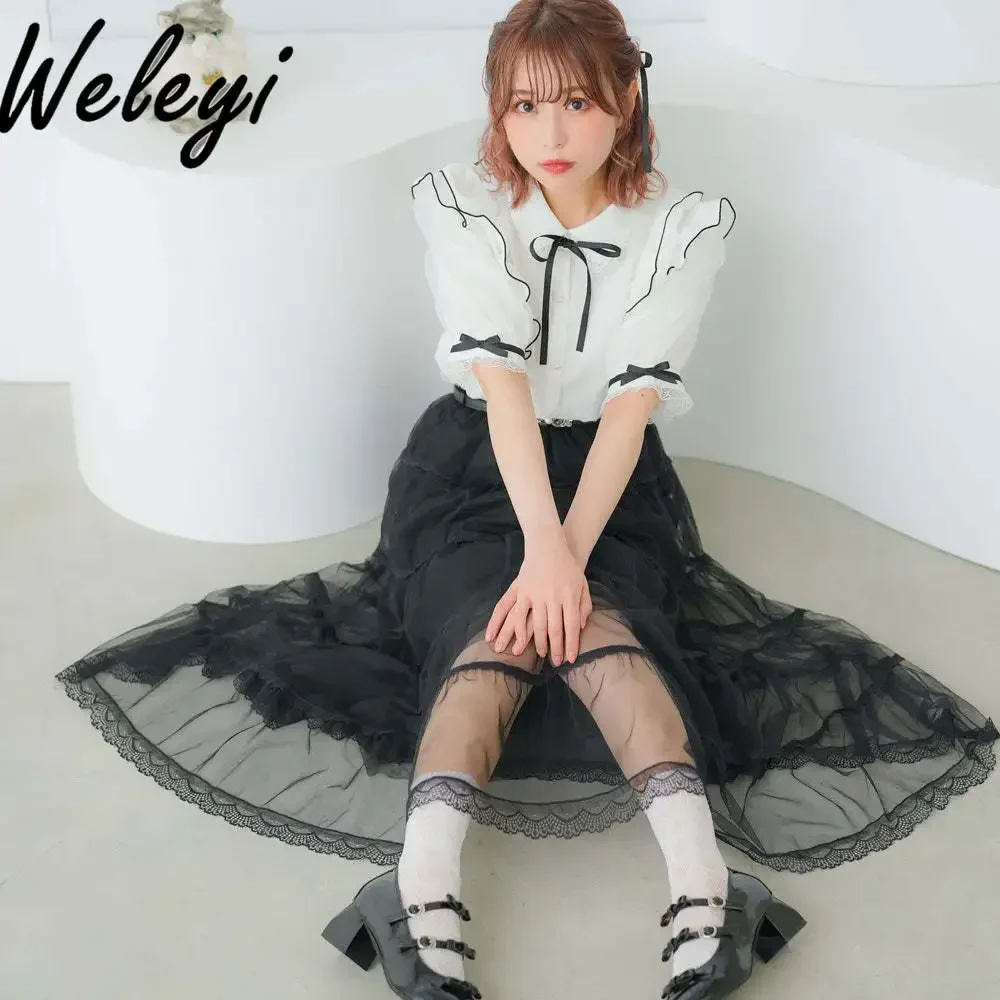 Japan Woman Summer Sweet White Ribbon Bow Shirt Lace Mesh Stitching Fungus Edge Top Ladies Lolita Short Sleeve Blouses Femme