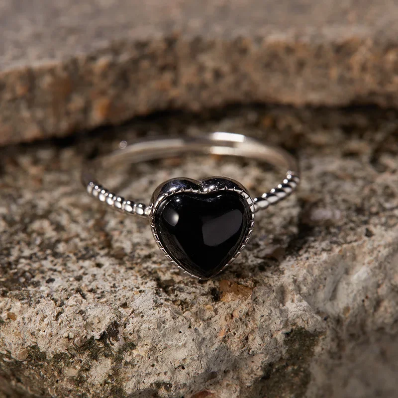 

S925 Sterling Silver Natural Black Onyx Ring Threaded Black Love Open Adjustable Ring Twist Ring Sweet Girl's Gifts for Women