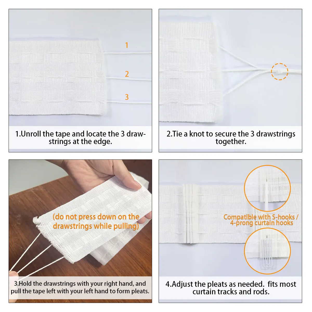 10m Three-Way Drawstring Curtain Pleat Tape, 7.5cm White Woven Heading Tape for Making Uniform Pleats Window Drape Sewing Access