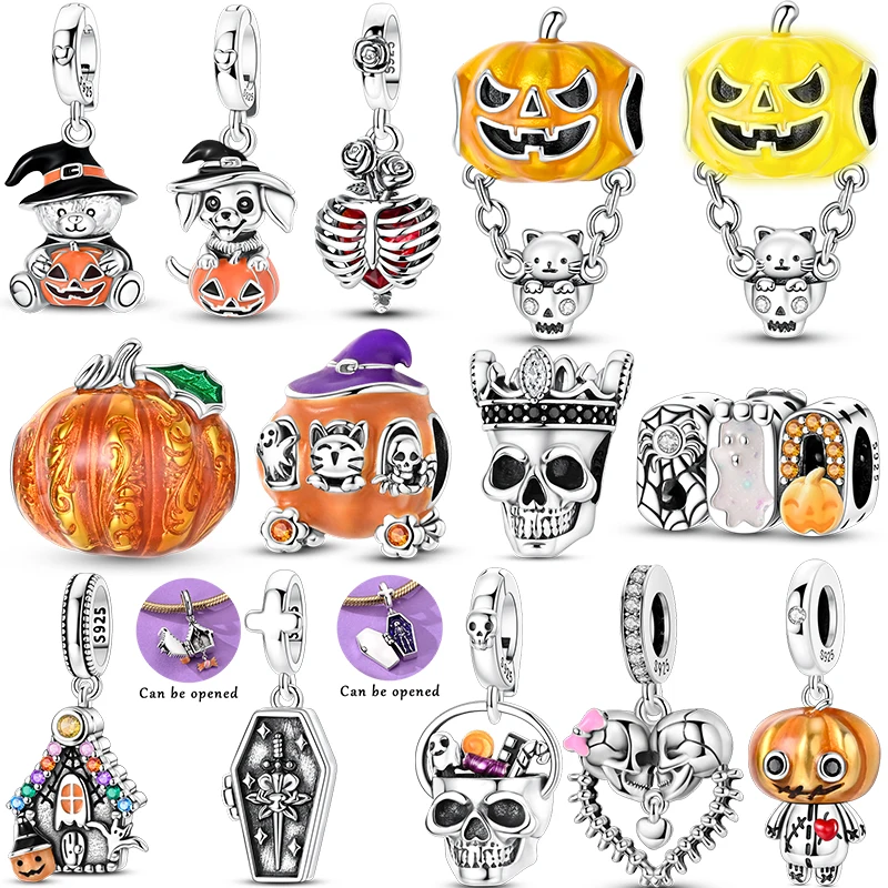 925 Sterling Silver Halloween Charms Glow Dark Pumpkin Skull Witch Coffin Beads Fit Snake Bracelet Spooky Jewelry Gift For Girls