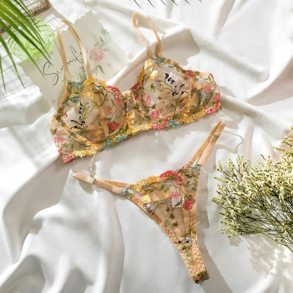 

Sweet Flower Embroidered Basic Perspective Lingerie Women Sexy Exotic Apparel Suit Female See Though Underwear Bra Two-piece Set