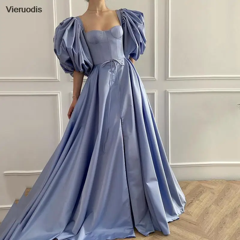 

Синие длинные платья для выпускного вечера Милая пышная плиссированная атласная праздничная платье с короткими рукавами Элегантное арабское вечернее платье трапециевидной формы на шнуровке