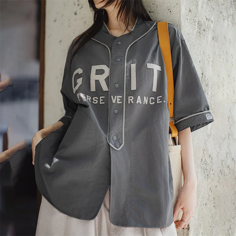 Maden Women's Summer Casual Letter Short Sleeve Baseball Shirt Lightweight Grey Color-Block Shirt Loos