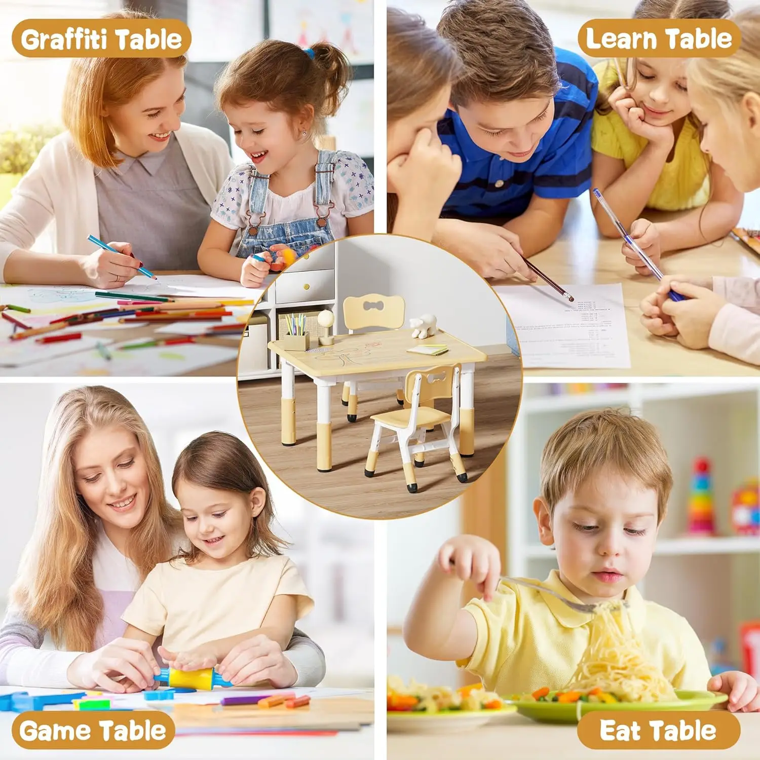 Adjustable Kids Table & 2 Chairs Set, Graffiti Desktop for Ages 2-8, Sturdy Toddler Desk for Home/Classroom
