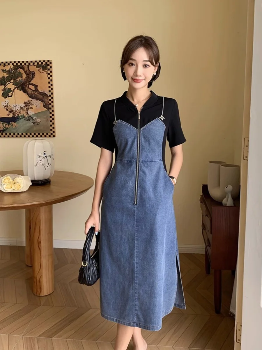 

plus Size Women's Dress Elegant Denim Patchwork Side Slit Design Zipper Dress Female Fashionable Summer Outfit Polyester Fabric