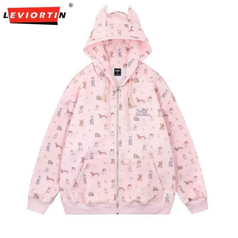 

Men's autumn/winter European and American trendy brand full printed animal dog horn ears casual loose hooded cardigan sweatshirt