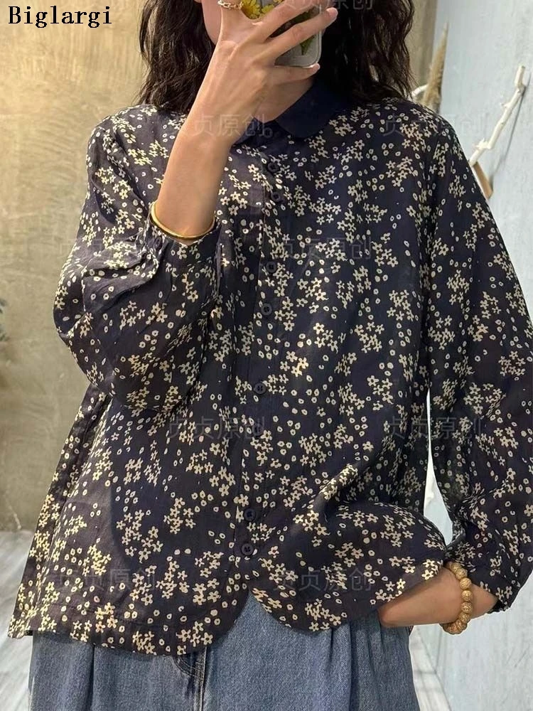 Oversized Spring Long Sleeve Shirts Tops Women Floral Print Fashion Ladies Cropped Blouses Casual Loose Pleated Woman Shirt