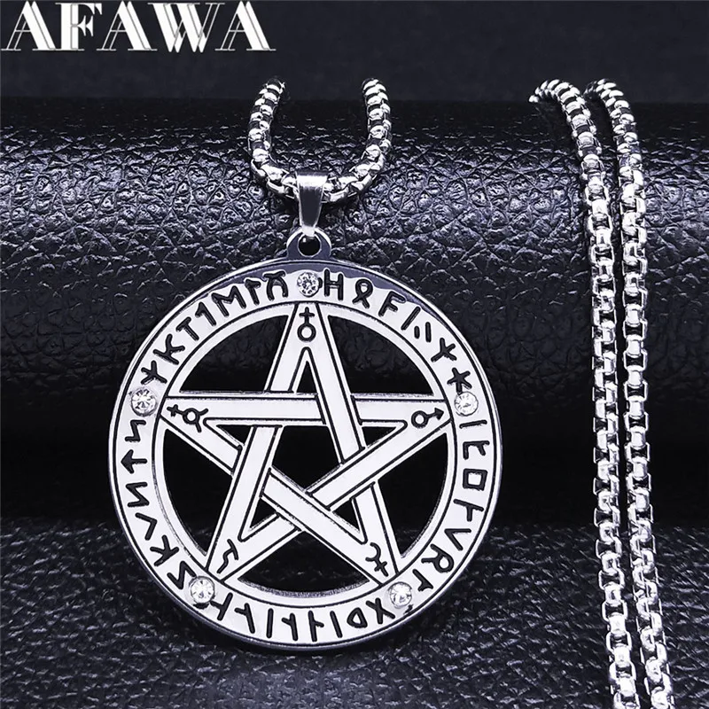 Viking Nordic Rune Pentacle Necklace for Women Men Stainless Steel Witch Pentagram Supernatural Pagan Chain Jewelry N2974S02