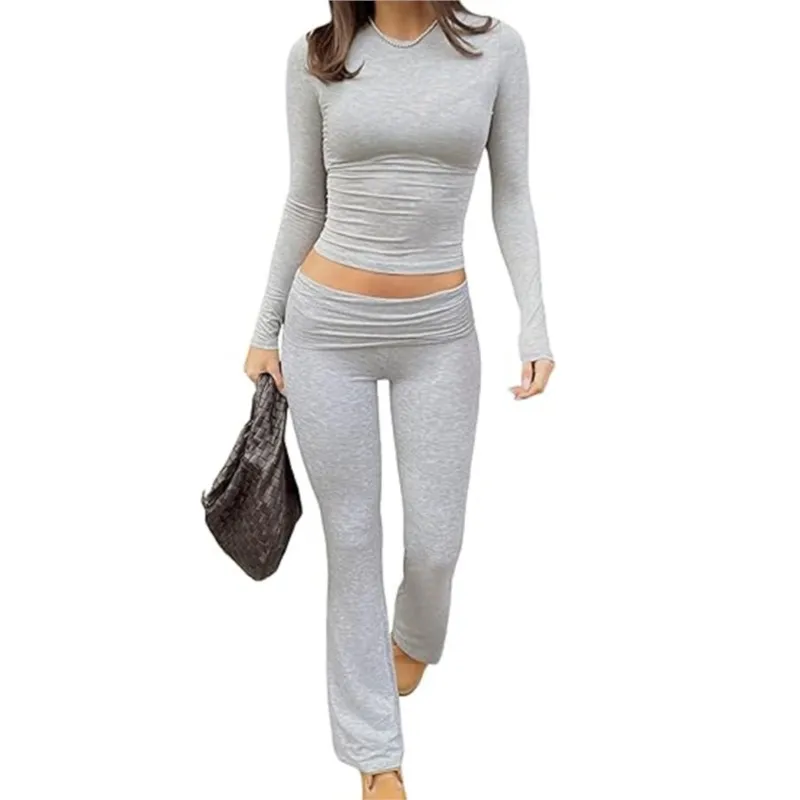 

Casual Minimalist Solid Yoga Sporty Two Piece Set Spring Autumn Long Sleeve Crop Tops Long Pants Matching Sets Wholesale Items