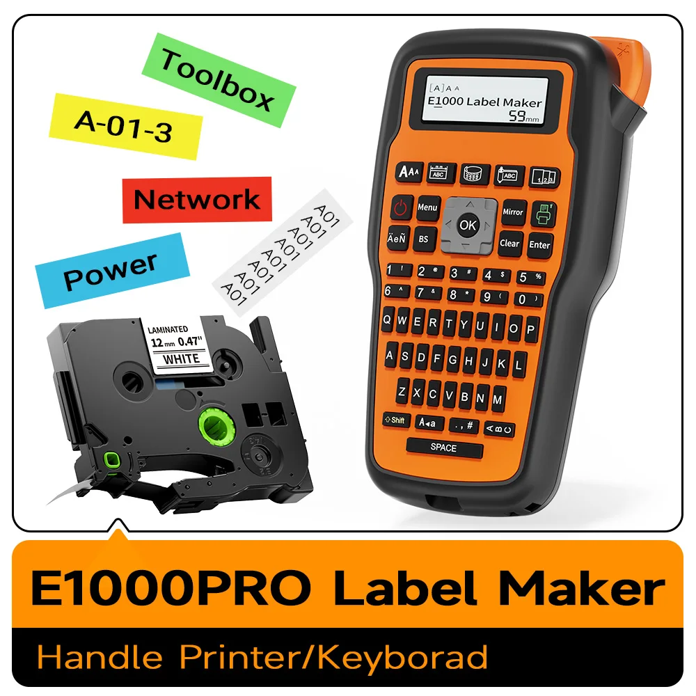 E1000 PRO Label Maker Machine with Tape Multiple Font Icon for for Electrician Factory Office Asset Management, USB-C for Powe